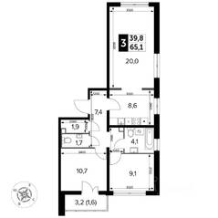 ЖК «Южная Битца», планировка 3-комнатной квартиры, 65.30 м²