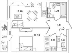 ЖК «Кинопарк», планировка 1-комнатной квартиры, 38.25 м²