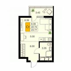 ЖК «Химки Тайм», планировка студии, 23.77 м²