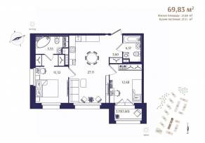 ЖК «Ranta Residence», планировка 2-комнатной квартиры, 69.83 м²
