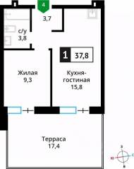 ЖК «Лесная Отрада», планировка 1-комнатной квартиры, 37.80 м²