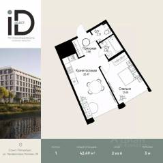 ЖК «ID Petrogradskaya», планировка 1-комнатной квартиры, 42.49 м²