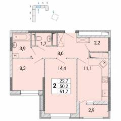ЖК «Центр-2», планировка 2-комнатной квартиры, 51.60 м²