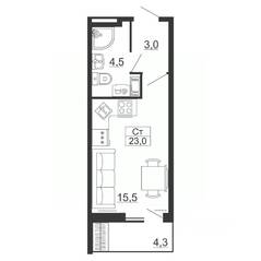 ЖК «Рубеж», планировка студии, 23.00 м²