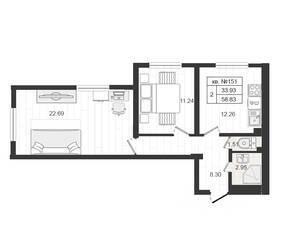 МЖК «Верево-Сити», планировка 2-комнатной квартиры, 59.20 м²