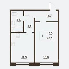 ЖК «Дом на набережной», планировка 1-комнатной квартиры, 40.20 м²