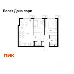 ЖК «Белая Дача парк», планировка 2-комнатной квартиры, 52.10 м²
