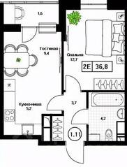 ЖК «Пушкино Град», планировка 1-комнатной квартиры, 36.90 м²