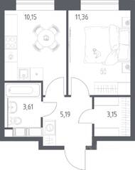 ЖК «Цветочные поляны Экопарк», планировка 1-комнатной квартиры, 33.46 м²