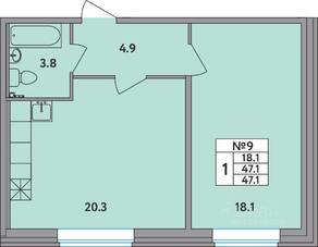 ЖК «Удача», планировка 1-комнатной квартиры, 47.10 м²