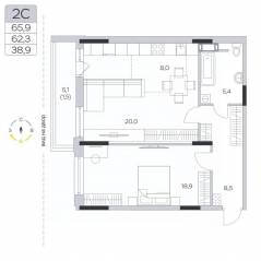 ЖК «Пироговская Ривьера», планировка 2-комнатной квартиры, 62.70 м²