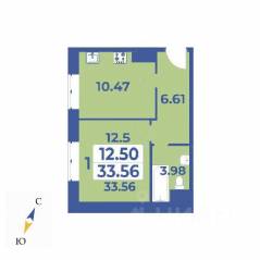 ЖК «Эдельвейс» (ЦентрСтрой), планировка 1-комнатной квартиры, 33.56 м²