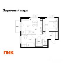 ЖК «Заречный парк», планировка 2-комнатной квартиры, 51.85 м²