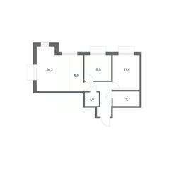 ЖК «Парусная 1», планировка 3-комнатной квартиры, 57.40 м²