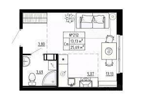 МЖК «Аннино Сити», планировка студии, 25.69 м²