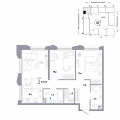 ЖК «Страна.Озерная», планировка 3-комнатной квартиры, 62.30 м²
