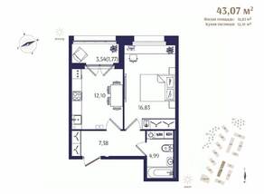 ЖК «Ranta Residence», планировка 1-комнатной квартиры, 43.07 м²