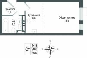 ЖК «Киноквартал», планировка студии, 28.60 м²