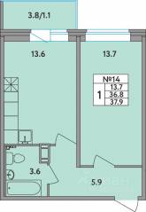 ЖК «Удача», планировка 1-комнатной квартиры, 37.90 м²