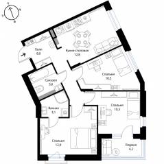 МЖК «Экография», планировка 3-комнатной квартиры, 63.50 м²