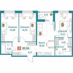 ЖК «Графика», планировка 3-комнатной квартиры, 83.04 м²