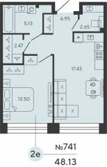 ЖК «Bashni Element», планировка 1-комнатной квартиры, 48.13 м²