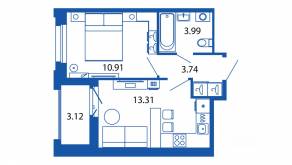 ЖК «Полис Новоселье», планировка 1-комнатной квартиры, 33.51 м²