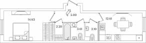 ЖК «Кинопарк», планировка 1-комнатной квартиры, 40.23 м²