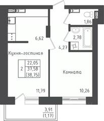 ЖК «Зеленый Оазис-Город», планировка 1-комнатной квартиры, 38.51 м²