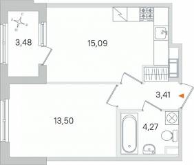 МЖК «Дубровский», планировка 1-комнатной квартиры, 38.01 м²