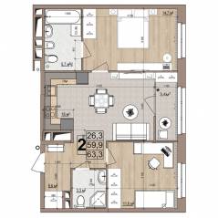 ЖК «Гранд Комфорт», планировка 2-комнатной квартиры, 63.30 м²