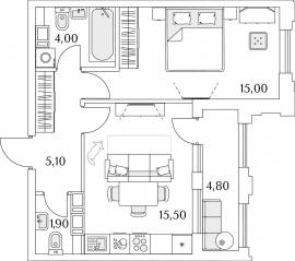 ЖК «Тайм Сквер», планировка 1-комнатной квартиры, 43.90 м²