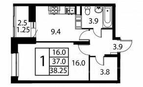 ЖК «Космос», планировка 1-комнатной квартиры, 38.25 м²