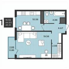 МЖК «Новокасимово», планировка 1-комнатной квартиры, 45.50 м²