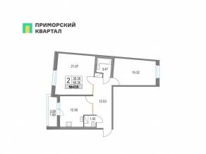 ЖК «Приморский квартал», планировка 2-комнатной квартиры, 66.36 м²