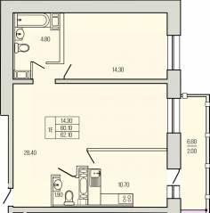 ЖК «Экос», планировка 2-комнатной квартиры, 62.10 м²
