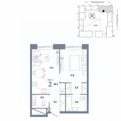ЖК «Страна.Заречная», планировка 2-комнатной квартиры, 43.10 м²