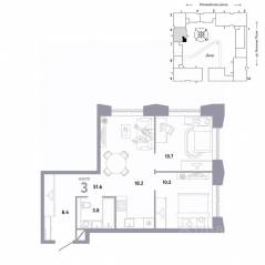 ЖК «Страна.Заречная», планировка 3-комнатной квартиры, 51.60 м²