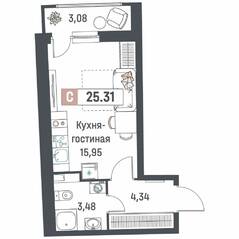 ЖК «Авиатор» (Девяткино), планировка студии, 25.31 м²