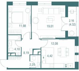 ЖК «Одинбург», планировка 3-комнатной квартиры, 64.19 м²