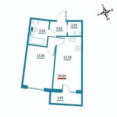 ЖК «Левитан», планировка 1-комнатной квартиры, 40.04 м²