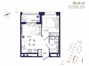 ЖК «Ranta Residence», планировка 1-комнатной квартиры, 38.26 м²