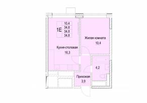ЖК «Отрадный», планировка 1-комнатной квартиры, 34.80 м²