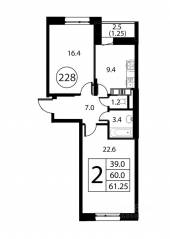 ЖК «Космос», планировка 2-комнатной квартиры, 61.25 м²