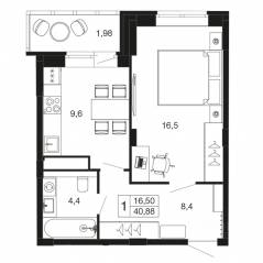 ЖК «Времена года», планировка 1-комнатной квартиры, 40.30 м²