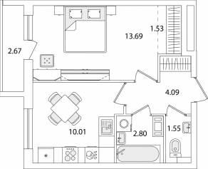 ЖК «Кинопарк», планировка 1-комнатной квартиры, 35.01 м²