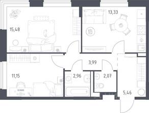 ЖК «Новое Видное», планировка 2-комнатной квартиры, 54.44 м²