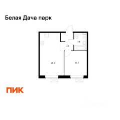 ЖК «Белая Дача парк», планировка 1-комнатной квартиры, 39.00 м²