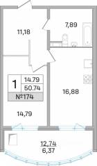ЖК «Дом-Мегалит в Королёве», планировка 1-комнатной квартиры, 50.30 м²