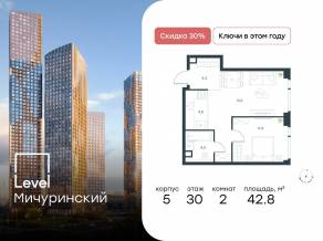 ЖК «Level Мичуринский», планировка 2-комнатной квартиры, 42.80 м²